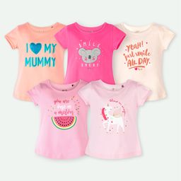 Ariel Cotton Knit Pack Of 5 Half Sleeves Unicorn & Typography Printed Tops - Pink & Orange-image-101
