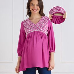 Bella Mama Viscose Woven Three Fourth Sleeves Embroidered Yoke Maternity Top - Dark Pink-picture-20
