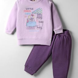 Zero Fleece Knit Full Sleeves Winter Wear Sweatshirt & Lounge Pant Set with Paris Cafe Print - Orchid & Navy Blue-picture-41