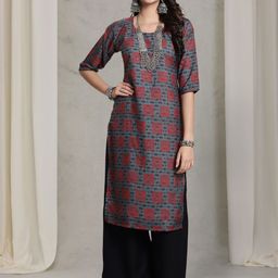 7Threads Women Ethnic Motifs Printed Mirror Work Floral Crepe Kurta-image-99