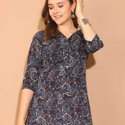 Rajnandini Paisley Kalamkari Printed V-Neck Pure Cotton Kurti-image-14