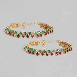 I Jewels Set of 2 Gold-Plated Marron & Green Kundan-Studded & Beaded Anklets-image-82