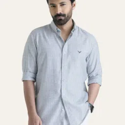 Perch Grey Cotton Linen Relaxed Fit Striped Shirt-picture-36