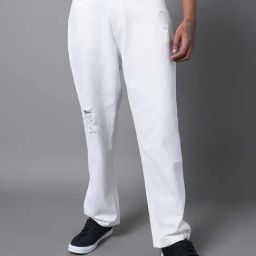 High Star White Relaxed Fit Lightly Washed Distressed Jeans-image-48