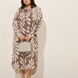 Gia by Westside Taupe Leaf Printed Shirt Dress-image-98