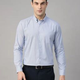 Hancock Blue Cotton Slim Fit Striped Shirt-image-8