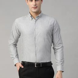 Hancock White & Grey Slim Fit Striped Shirt-image-60