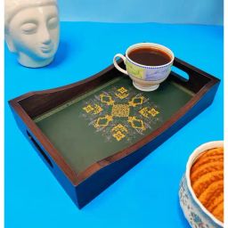 Crayton Green & Yellow Teak Wood Serving Tray - Set of 1-78