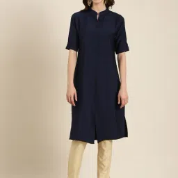 SHOWOFF Navy Cotton Regular Fit Kurta-image-24