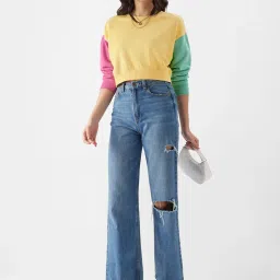 The Souled Store Multicolored Cotton Color-Block Crop Sweatshirt image 4