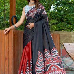 Saree Mall Black Printed Sarees With Unstitched Blouse-image-65