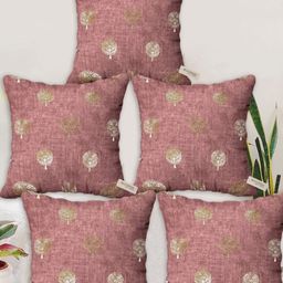 Blue Grass Pink & Gold-Toned 5 Pieces Floral Printed Velvet Square Cushion Covers-image-95