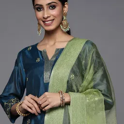 Varanga Women Navy Blue Floral Embroidered Thread Work Kurta with Trousers & With Dupatta-picture-30