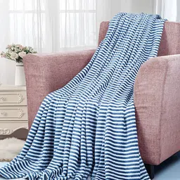 VAS COLLECTIONS Blue & White Striped Fleece AC Room 300 GSM Single Bed Blanket-14
