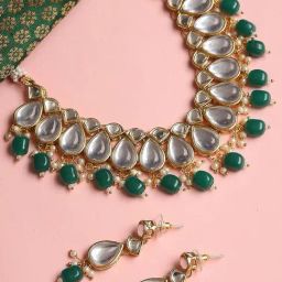 OOMPH Green Beads & Kundan Ethnic Heavy Jadau Choker Necklace Set with Drop Earrings-4