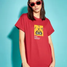 Bewakoof X Official Minions Red Antisocial Minion Graphic Print Boyfriend T-Shirt-image-47