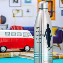 Servewell Indus Silver & Black Stainless Steel Charlie Chaplin Printed Vacuum Bottle (0.75 L)-18