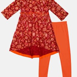 Kiddopanti Kids Maroon & Orange Floral Print Kurta with Leggings-image-111