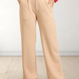 FITHUB Women Solid Relaxed Fit High-Rise Wrinkle Free Pleated Cotton Parallel Trousers-image-39