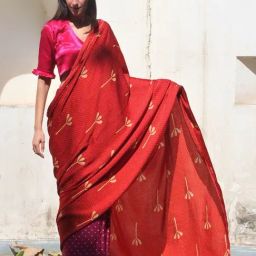 Chidiyaa Red & Purple Block Printed Modal Silk Saree-picture-12