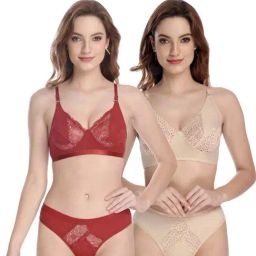 AROUSY Red & Beige Self Pattern Bra Panty Set - Pack Of 2-image-80
