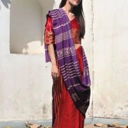 Chidiyaa Purple & Red Block Printed Modal Silk Saree-picture-7