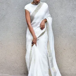Chidiyaa Ivory Stardust Selene Handwoven Linen Saree-image-3