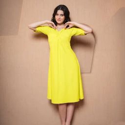 PURVAJA Yellow Textured Half Sleeves A-Line Dress-image-45