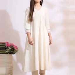 W for Woman White Glitter Printed Pure Cotton Anarkali Kurta with Embroidery-20