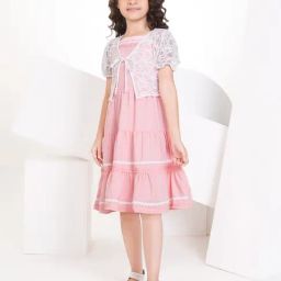 Peppermint Kids White & Light Pink Self Design Dress with Jacket-picture-41