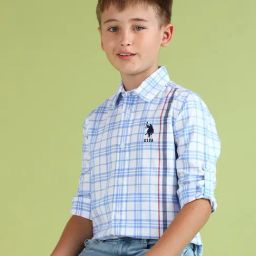 U.S. Polo Assn. Kids Boys Blue Grid Tattersall Checked Regular Fit Shirt-16