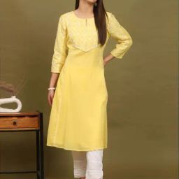W for Woman Daffodil Yellow Embroidered Yoke Crinkle Cotton Flared Kurta-image-67