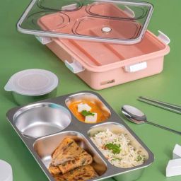 Goodhomes Pink Steel 4 partition Lunch Box with Spoon & Chopsticks-image-44