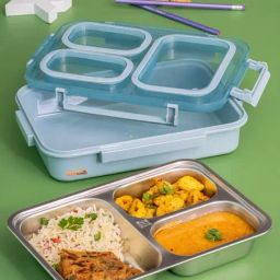 Goodhomes Blue Steel 3 partition Leak Proof Lunch Box-image-4