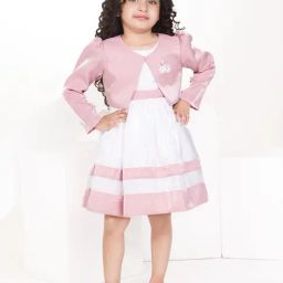 Peppermint Kids White & Dusty Pink Solid Full Sleeves Dress with Jacket-image-48