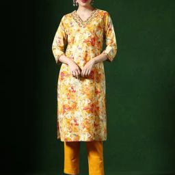 Jaipur Kurti Yellow Cotton Blend Embroidered Kurta-image-18