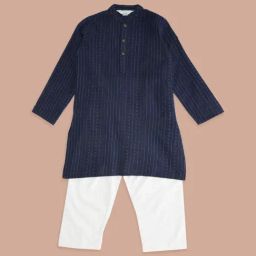 Indus Route by Pantaloons Kids Navy & White Cotton Printed Full Sleeves Kurta Set-image-60