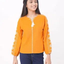 Edheads Kids Yellow Cotton Embroidered Full Sleeves Top-image-98