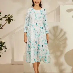 Daali Off White Poly Linen Round Neck 3/4 Sleeves Pastel Bling Dress with Two Pockets-picture-10