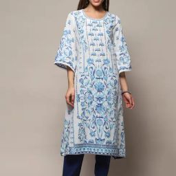 Biba White & Blue Printed Cotton Straight Kurta-image-68