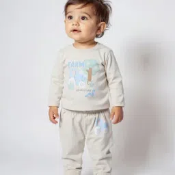 HOP Baby by Westside Beige Printed Cotton T-Shirt and Pants Set-picture-34