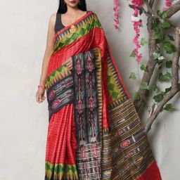 Unnati Silks Red & Grey Silk Printed Saree With Unstitched Blouse-picture-5