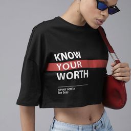 The Roadster Lifestyle Co Women Black & White Printed Extended Sleeves T-shirt-image-103