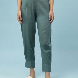 aarke Ritu Kumar Teal Cotton Loose Fit Mid Rise Pants-image-9