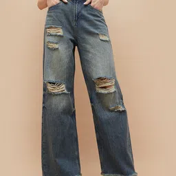 Ginger by Lifestyle Women Slash Knee Wide Leg Cotton Jeans-picture-25
