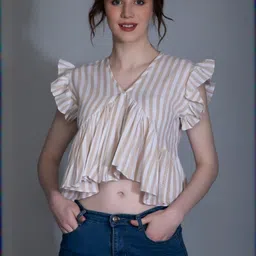 LERIYA FASHION Brown V-Neck Striped Flared Sleeves Cotton Casual Top-picture-24