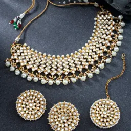 Peora Gold-Plated Kundan Pearl Choker Necklace Earrings with Maang Tikka Jewellery Set-image-35