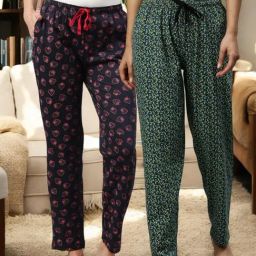 Kryptic Black & Navy Cotton Relaxed Fit Printed Lounge Pants - Pack of 2-image-84