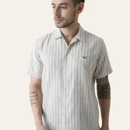 Perch Grey Cotton Linen Regular Fit Striped Shirt-picture-8