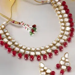 Peora Gold-Plated Kundan Red Bead Necklace with Drop Earrings Ethnic Jewellery Set-image-36